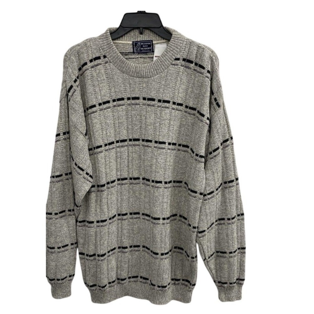 NWT Peconic Bay Traders Mens Grey Cotton Knit Striped Crewneck Sweater USA Lrg